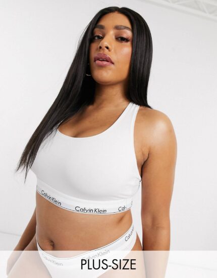 Современный хлопковый бюстгальтер без косточек белого цвета Calvin Klein Plus Size