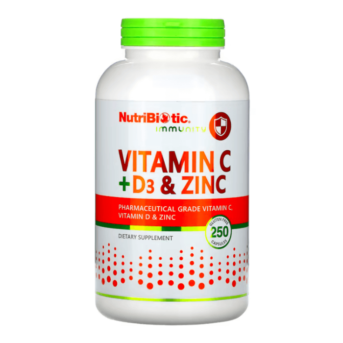 Витамин C с цинком и D3 NutriBiotic, 250 капсул