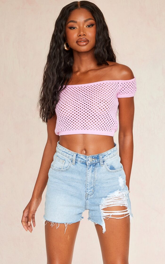 PrettyLittleThing Розовый открытый мягкий трикотажный топ с открытыми плечами Bubblegum